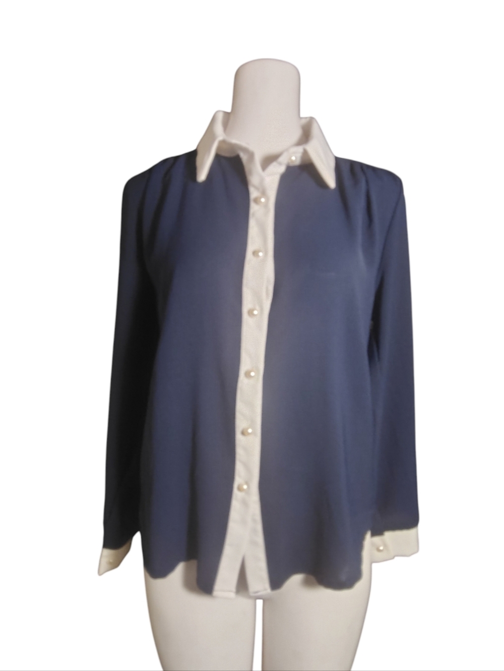 MISS VALLEY Women's Navy White Colorblock Button-Up Blouse Long Sleeve One Size
